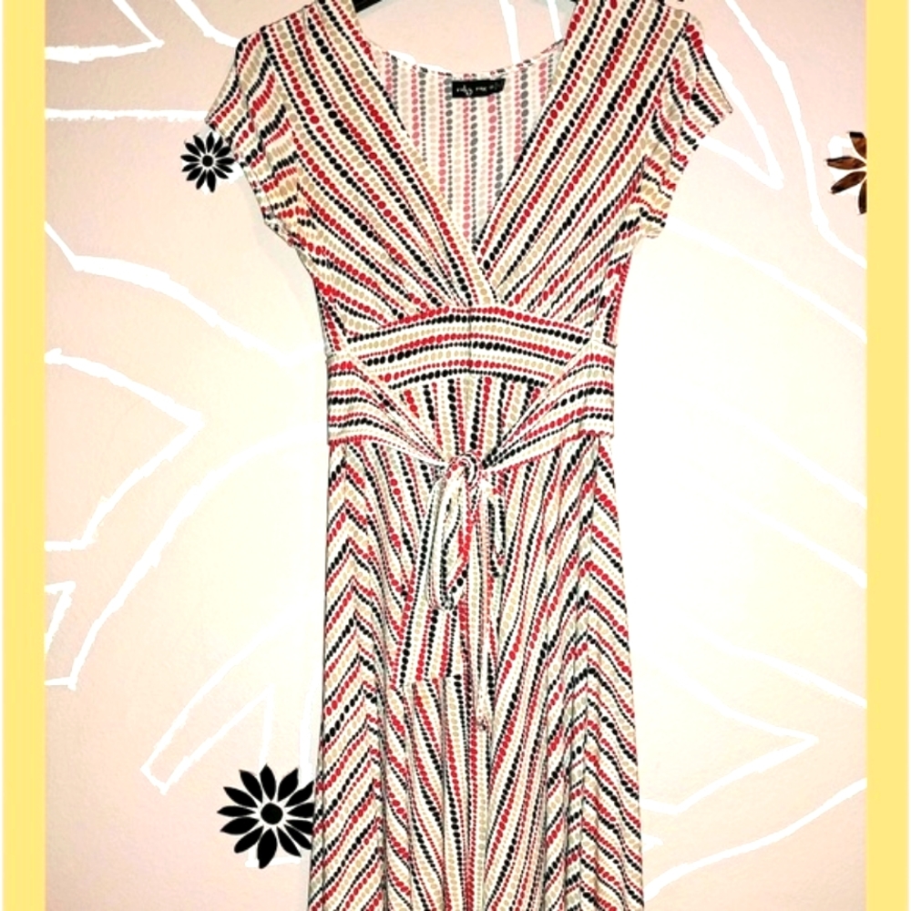 Vintage Red, Black, Light Brown Polka Dot Striped Dress